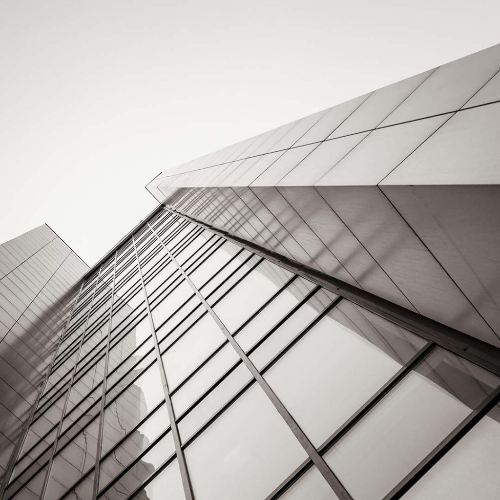 ground-level view of a skyscraper